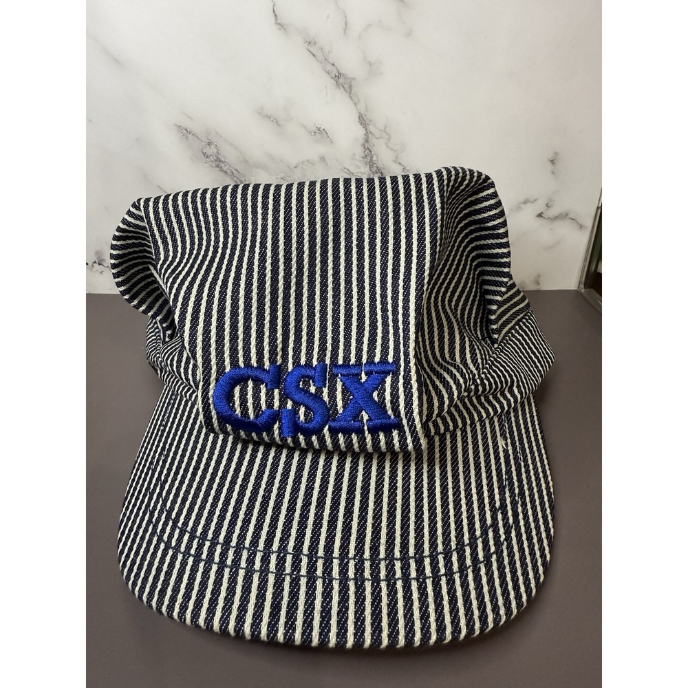 CSX Railroad Conductor Hat Blue Striped 100% Cotton Adjustable